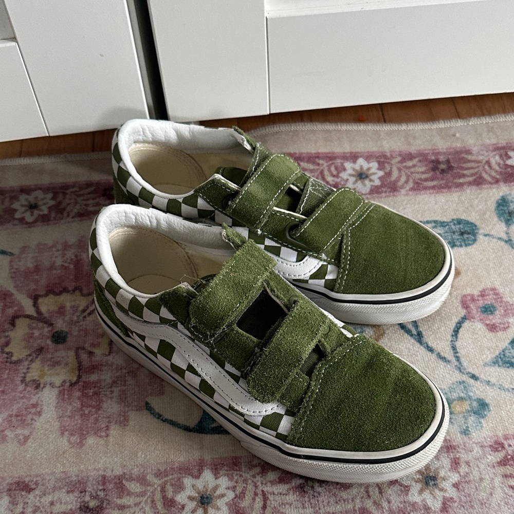 Kids Green Checkerboard Vans Velcro Sneakers